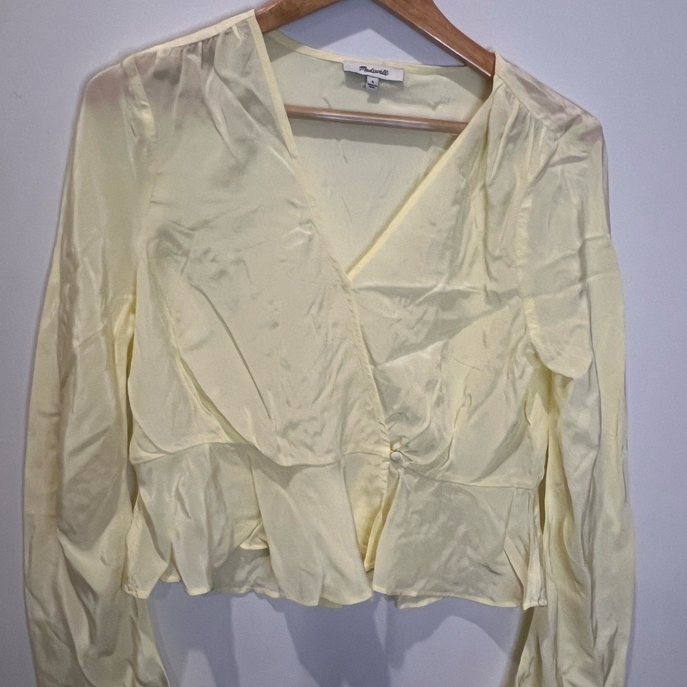 Madewell Butter Yellow Viscose Wrap Peplum Blouse Coquette Romantic Minimalist